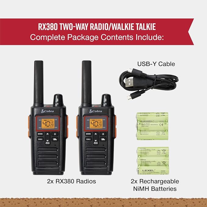Cobra RX380 Walkie Talkies - Rechargeable, 40 Preset Channels, Long Range 32-Mile Two-Way Radio Set (2-Pack), Black