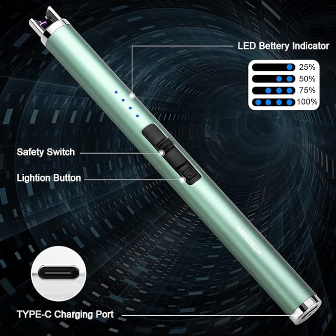 ARECTECH Lighter Rechargeable Lighter Electric Lighter Candle Lighter Arc Plasma Lighters for Candle Kitchen Camping Type-C Green