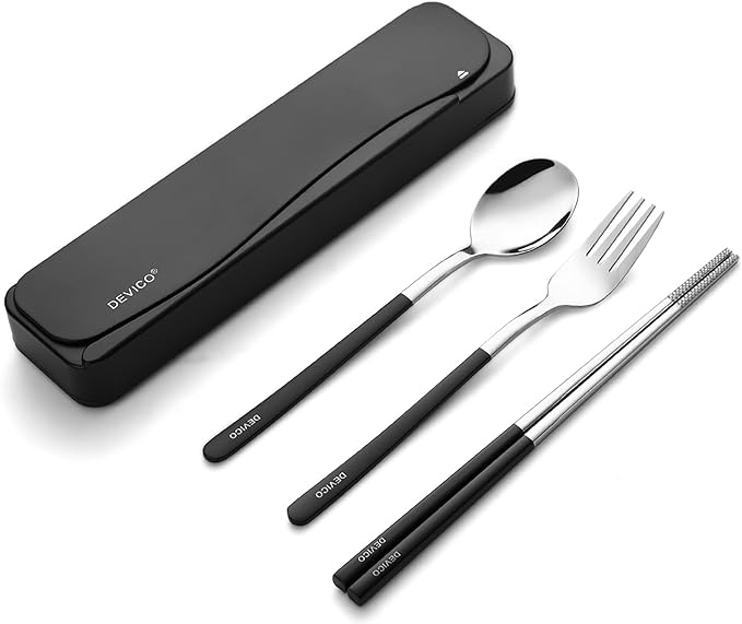DEVICO Travel Utensils, 18/8 Stainless Steel 4pcs Cutlery Set Portable Camp Reusable Flatware Silverware, Include Fork Spoon Chopsticks with Case (Black)