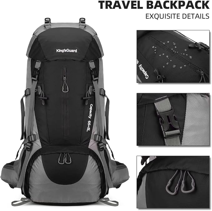 King'sGuard 70L Hiking Backpack Large Lightweight Waterproof Camping Backpack Travel Backpacking Backpack Daypack with Rain Cover -Frameless (Black)