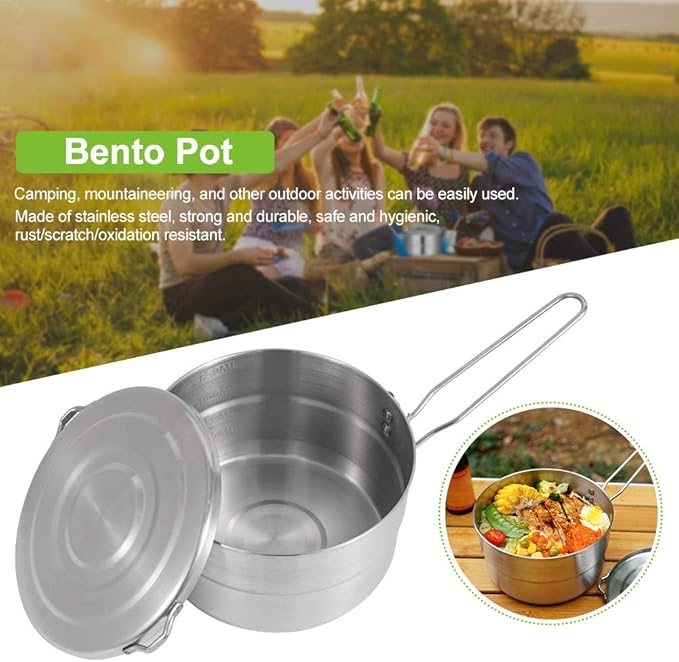 Stainless Steel Camping Cook Pot with Lid and Folding Handle Camping Cookware 1.5L Large Capacity Bento Pot for Camping, Hiking, Picnic