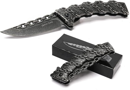 Stainless Steel Pocket Folding Knife with A Sculpted Chain Handle - Safety Liner Lock, Pocket Belt Clip Knife - Portable Tactical Utility Knives for Men Great for EDC, Camping, Fishing & More