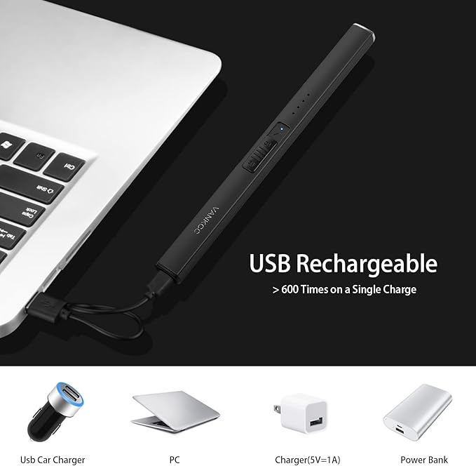 Electric Candle Lighter Plasma Arc Lighters USB Long Stick Lighters Windproof Flameless with Rechargeable Battery Safety Lock for Candle Camping BBQs Fireworks (Black)