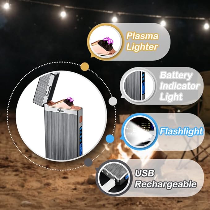 Electric Lighters Rechargeable USB Lighter, Plasma Dual Arc Lighter, Windproof Flameless Cool Lighters for Candles, Incense Stick, Outdoor Camping (Silver)