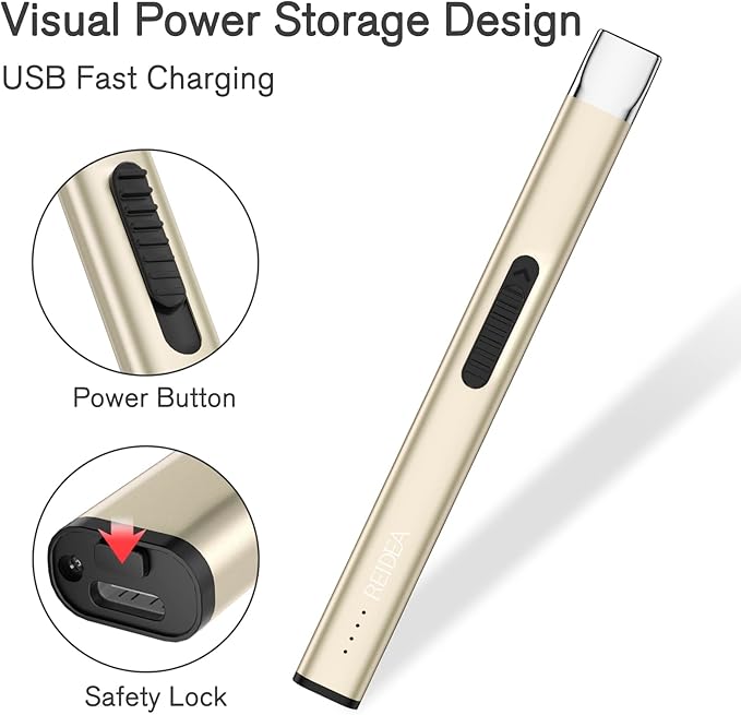 REIDEA Electric Lighter Candle Lighter, Retractable Top Windproof Flameless USB Rechargeable Arc Lighter with Safe Button and Power Indicator for Candle, BBQ and Fireworks, R1 Flat, Champagne Gold