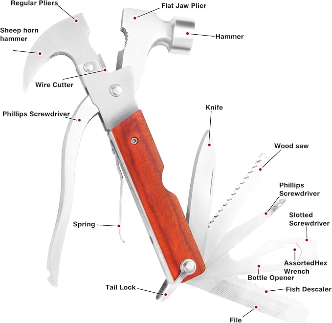 Multi-Purpose Outdoor Tools, Camping Gear Multi-Tools, 16-in-1 Camping Accessories Multi-Tool Hammers, Easy to Carry Camping Tools Including Claw Hammers, Pliers, Bottle Openers, etc.