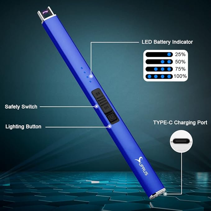SUPRUS Electric Lighter Arc Windproof Flameless USB Lighter Rechargeable Lighter with Safety Lock for Candle BBQ Camping (Dark Blue)