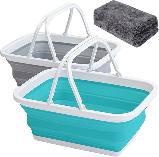 AUTODECO Collapsible Sink 2 Pack with Handle Towel, 2.37 Gal / 9L Foldable Wash Basin for Washing Dishes, Camping, Hiking and Home