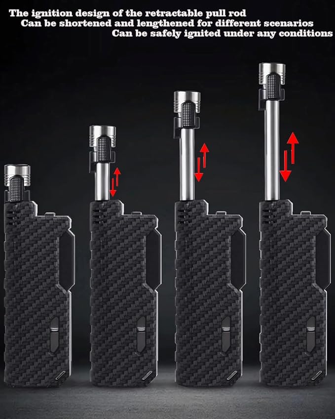 Butane Lighter Long Neck Flame Adjustable Lighter Refillable Multipurpose Windproof Lighters with Safety Lock and Visible Gas Window Lighter for Candle Fireplace Kitchen Camping Outdoor (carbon fiber)