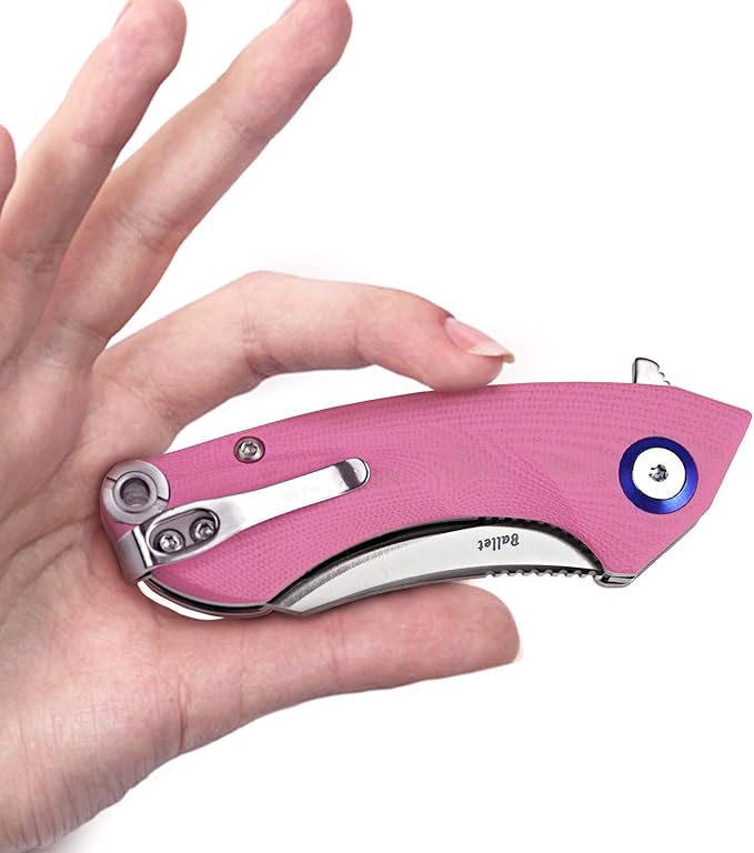 Harnds Ballet Folding Knife with Sandvik 14C28N Blade Camping Pocket Knife with Deep Carry Pocket Clip G10 Handle Flipper Open Liner Lock EDC (pink)