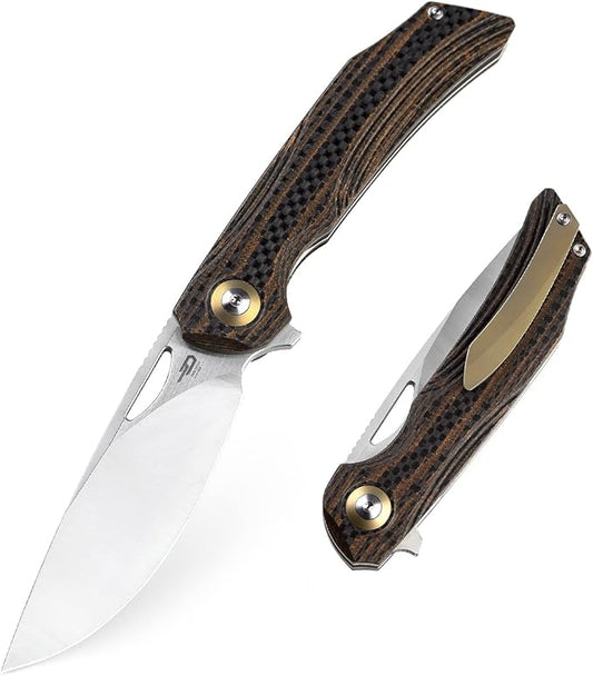 BESTECH KNIVES Pocket Folder Folding Knife: 3.54" 154CM Steel Satin Blade, Carbon Fiber and G10 Scales, Flipper, Liner Lock, EDC Titanium Clip, BL01D (Black Orange)