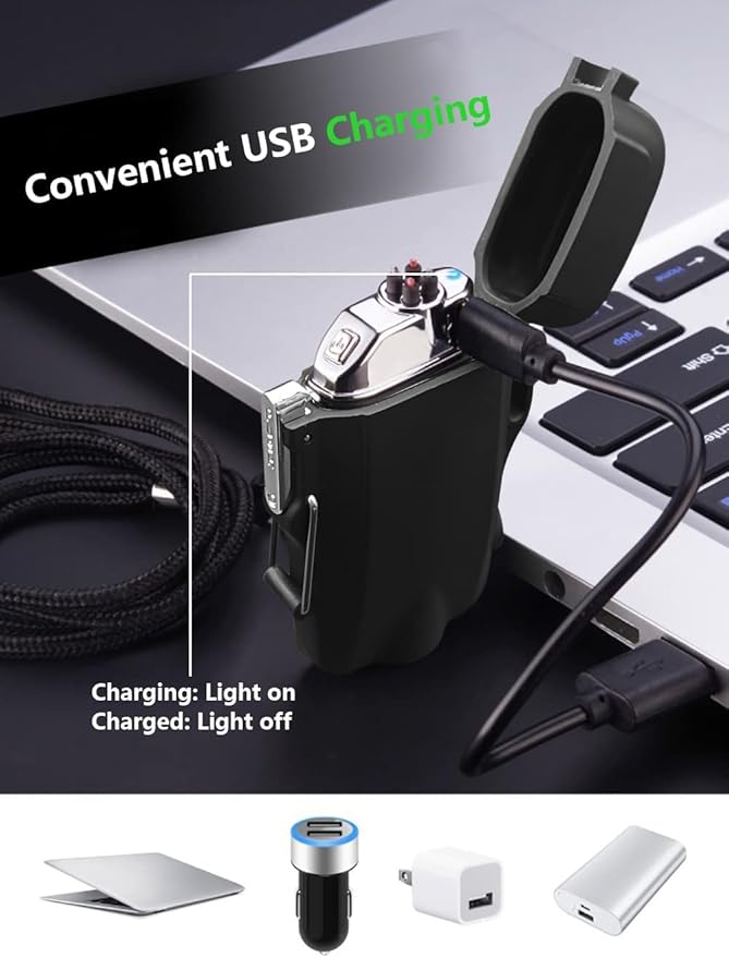 GADATOP Electric Lighter, Outdoor Waterproof Double arc Lighter Windproof Lighter, Rechargeable USB Lighter flameless Plasma Lighter with LED Torch with Lanyard, Suitable for Camping, Hiking (Black)