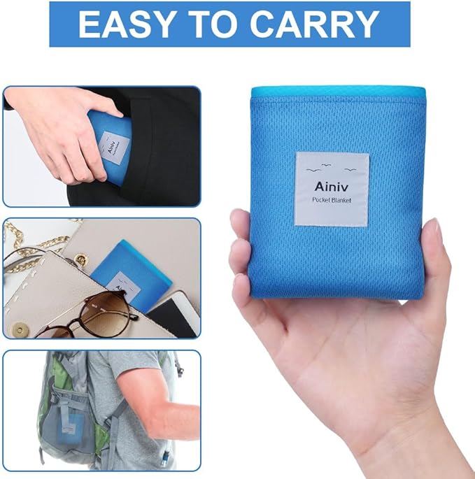 Ainiv Picnic Blanket, Mini Pocket Beach Mat 43.3 x 55.1IN (2-3 People) Foldable, Lightweight Waterproof Sand Free, Foldable Thin Ground Sheet for Outdoor Camping Hiking Travel - with Hand Strap