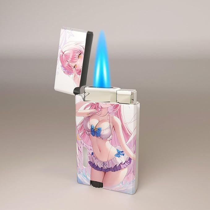 Pink Anime Girl Windproof Butane Jet Torch Lighter,Funny Cool Lighters,Adjustable Jet Flame Torch,Refillable,Grill BBQ Candle Camping(Without Gas)