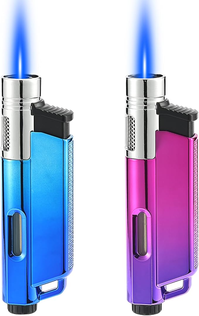 Yeuligo 2 Pack Butane Torch Lighters with Keyhole, Pocket Lighter with Visible Window, Adjustable and Refillable Gas Lighter for Candle Kitchen Fireplace Fireworks, Without Gas(Gradient Blue+Purple)