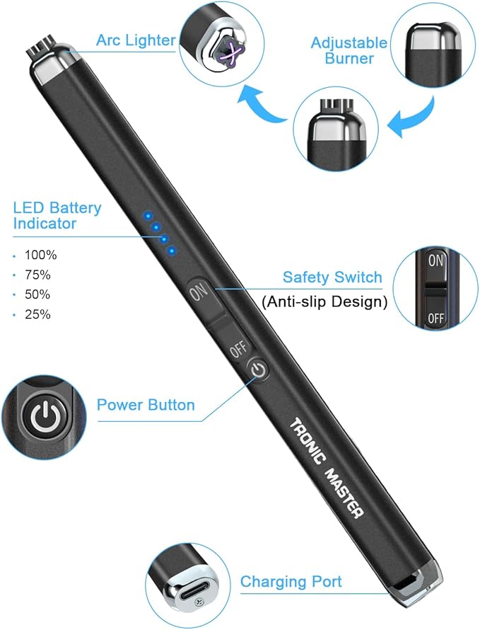 Electric Lighter Rechargeable Candle Lighter - Dual Arc Plasma Lighter Windproof & Flameless with LED Display USB-C for Candle Cooking Camping (Black)