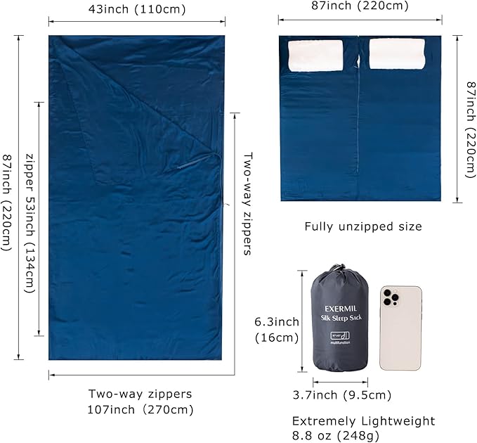 100% Silk Sleep Sack with All Around Zippers, 87”x43” Large Sleeping Sheets for Hotels, Travel & Camping, Multifunctional Travel Sheets (Unzipped:87”x87”) for Adults, Lightweight, All Season