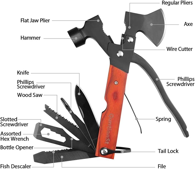 Camping Accessories Multitool, Wood Handle Multi-Tool Hatchet Hammer,Stocking Stuffers for Men Gifts,Guy Gifts, Cool and Unique Christmas Gifts for Boyfriend Husband Grandpa for Hiking Hunting DIY