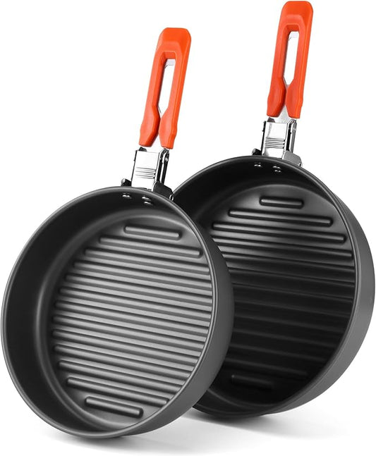 Odoland 2pcs Camping Frying Pans Nonstick for Camping Cooking Portable Camp Cookware 7.4" & 8.4" Camping Skillet with Mesh Bag for Backpacking Outdoor Camping Hiking and Picnic