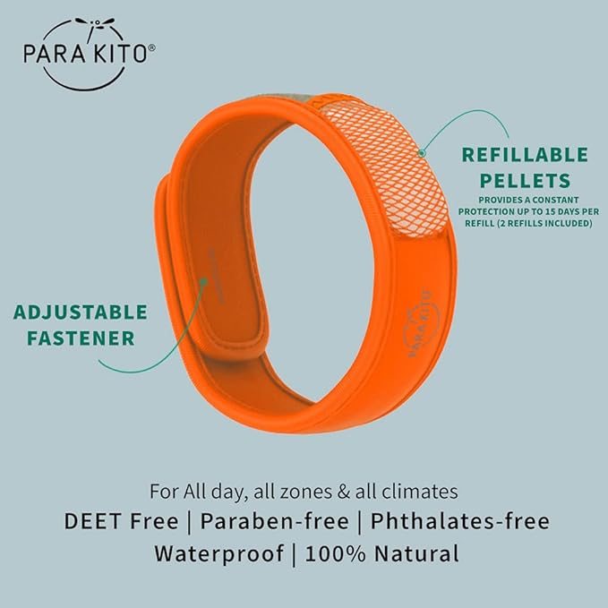 PARA'KITO Mosquito Insect & Bug Protection Wristband - Mosquito Stickers, Bug Spray Alternative Essentials for Beach, Camping, Desert Hiking, Christmas Bonfires - Natural Essential Oils (Orange)
