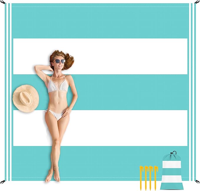 Stripe Beach Blanket Sandproof Waterproof, Extra Large 78"×86" Beach Mat for 1-4 Adults, Compact Lightweight Sand Free Picnic Mat Beach Essential Must Have-Blue&White Wide Stripes