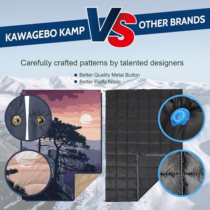 Outdoor Camping Blanket with Sherpa Lining, Extra Warm Thick Camp Blankets & Puffy Ultralight Soft Poncho DWR Camping Quilt for Cold Weather, Adventure,Sleeping,Backpacking 78"x 56"