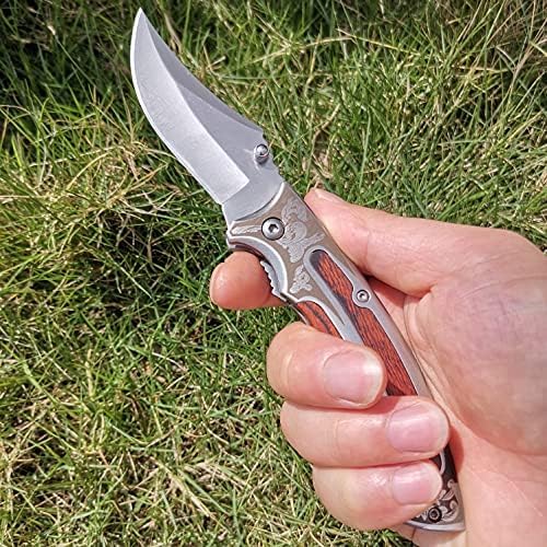 Premium Folding Knife - 7.5cm Blade, Laser Patterned Steel & Wood Handle, 57HRC Hardness, Thumb Stud Open - 19.5cm Full Length