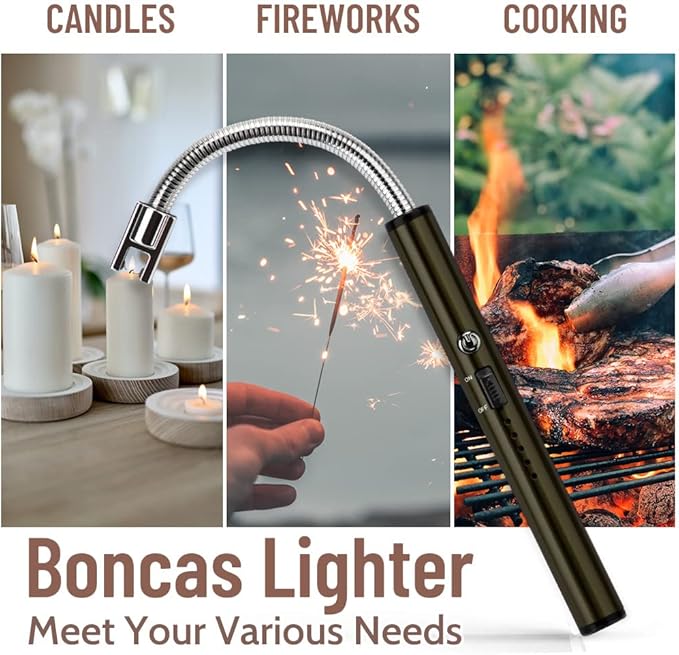 Boncas Flexible Arc Lighter USB Candle Lighter Plasma Lighter Rechargeable Windproof Lighter Long for Household Camping Cooking BBQ Olive Gray (Candle Not Include)