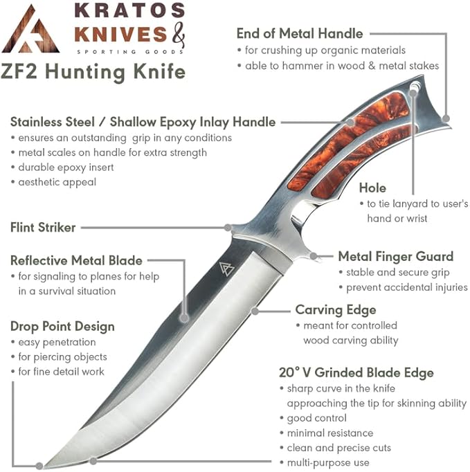 KRATOS Hunting Knife with Nylon Sheath, 10" Fixed Blade Full Tang Knife with 440C Hardened Stainless Steel & Solid Metal Handle for Bushcraft ZF2