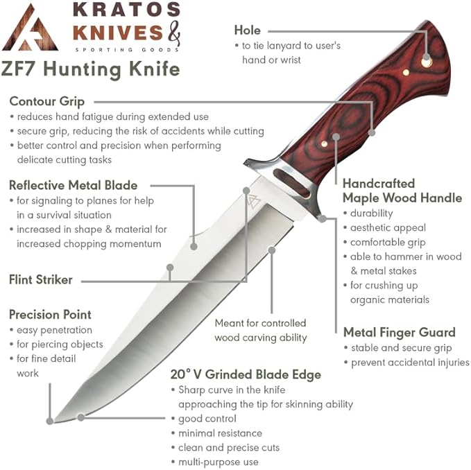 Hunting Knife With Holster, 12 Inch Fixed Blade Hunting Knives, Full Tang Survival Knife with Sheath, High Carbon 440C Stainless Steel By Kratos - ZF7