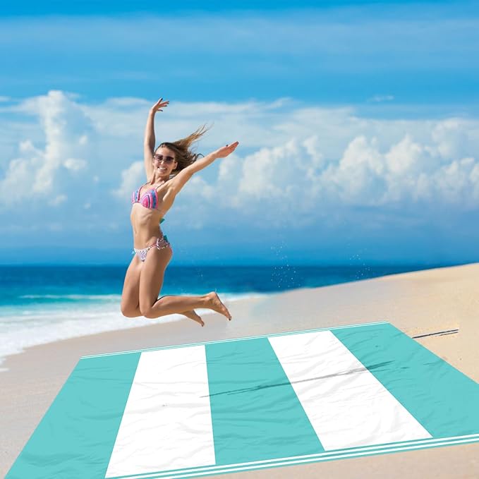 Stripe Beach Blanket Sandproof Waterproof, Extra Large 78"×86" Beach Mat for 1-4 Adults, Compact Lightweight Sand Free Picnic Mat Beach Essential Must Have-Blue&White Wide Stripes