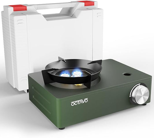 OCTAVO 12,000 BTU Butane Countertop Stove with Carrying Case, Jet-like Flame Output Small Portable Camping Stove, Electronic Ignition, Mini Butane Gas Stove for Camping, Picnic, Outdoor