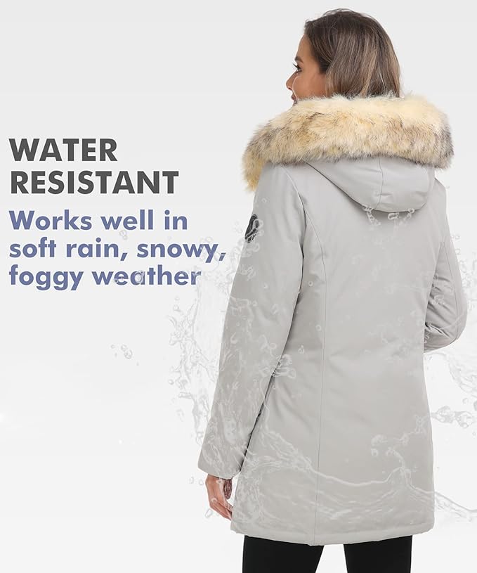 PUREMSX Duck Down Winter Coat for Women Insulated Long Thick Fur Hood Puffer Warm Parka Jacket