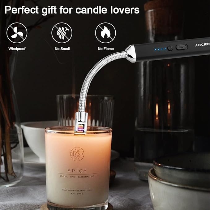 ARECTECH Electric Lighter 2 Pack, Candle Lighter Flameless Rechargeable USB Lighter Windproof with Safety Switch for Camping Cooking BBQs Fireworks Black&Champagne Gold