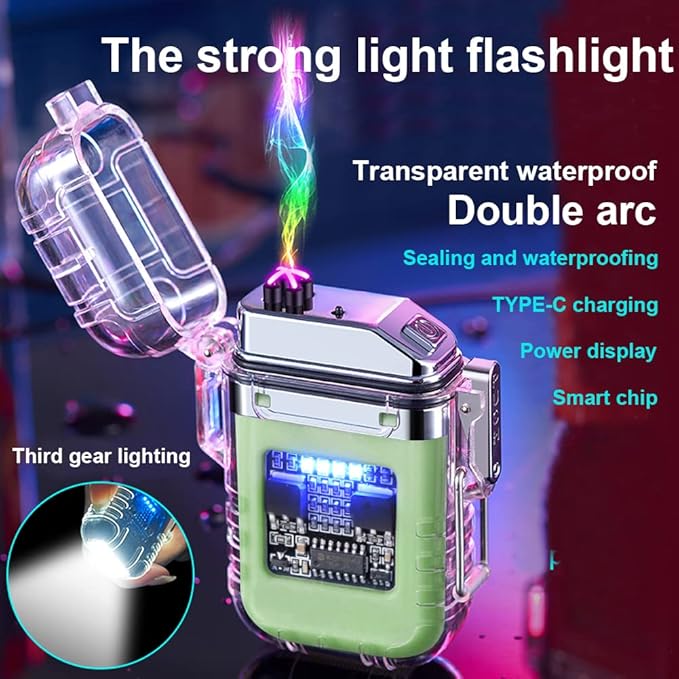 Electric Lighter Rechargeable Waterproof IP56 System Dual Arc Lighter with Flashlight LED Batterry Indicator Outdoor Windproof Lighter with Lanyard for Camping Survival Emergency