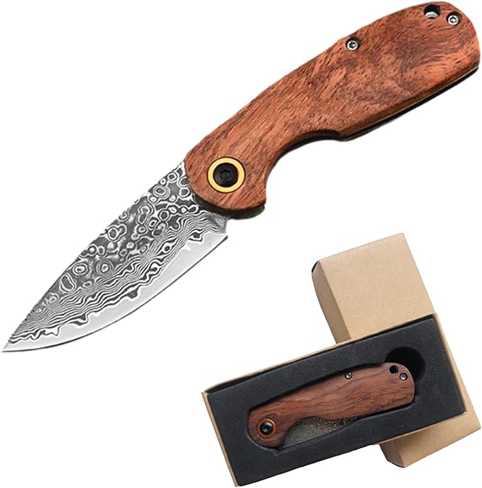 EDC Folding Pocket Knife, Men's and Women's Mini Pocket Knife, 6.1" Damascus Knife, Wood Handle, Sharp Camping Hiking Knife