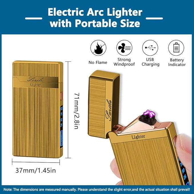 Electric Lighter USB Rechargeable Lighter, Windproof Plasma Dual Arc Lighter, Flameless Cool Lighters with LED Battery Indication for Candles, Incense Stick, Outdoor Camping (Gold)