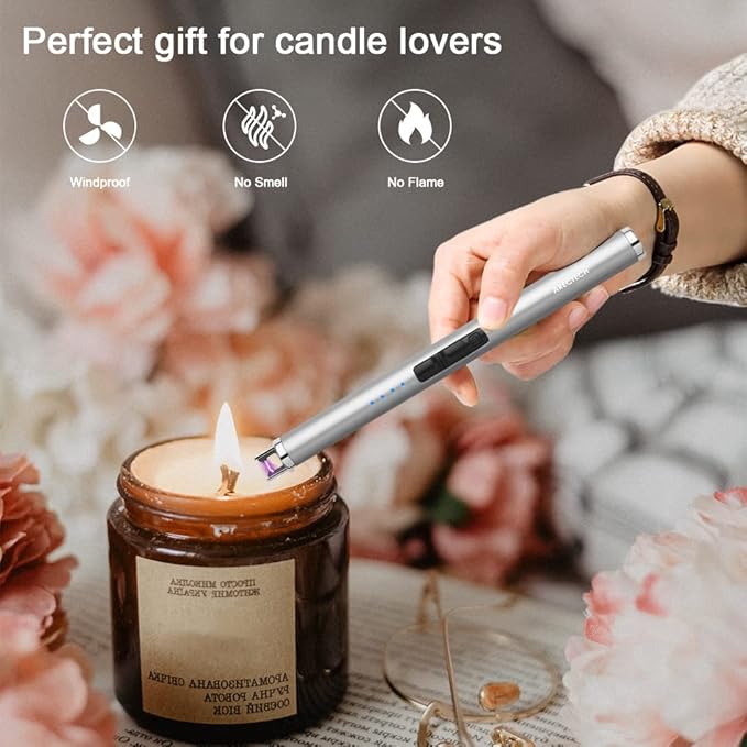 ARECTECH Lighter Rechargeable Lighter Electric Lighter Candle Lighter Arc Plasma Lighters for Candle Kitchen Camping Type-C Silvery