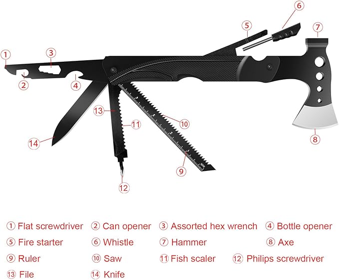 Adventure Multitool Axe Set - 14-in-1 Survival Hatchet for Camping, Hiking, Fishing. Axe, Hammer, Knife, Saw, Opener, Fire Starter, Whistle. Unique and Versatil Gift for Men