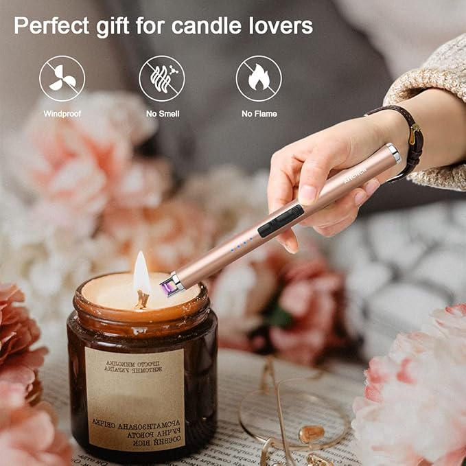 ARECTECH Rechargeable Electric Candle Lighter Arc Plasma Lighters for Candle Kitchen Camping Type-C Champagne Gold