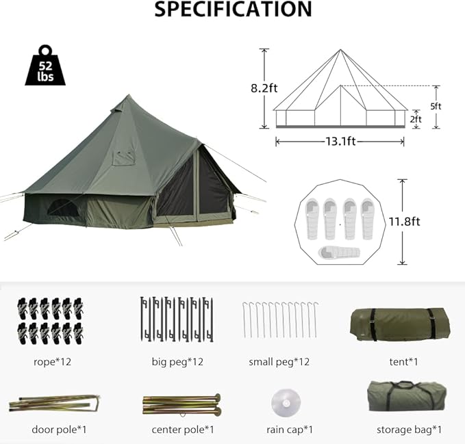 Cotton Canvas Bell Tent with Stove Jack, Roomy Yurt for Family Glamping Camping, 4 Season Tent with Zipped Removable Floor