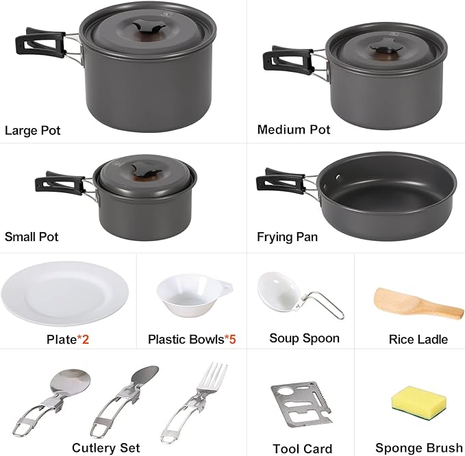 REDCAMP 11/12/17/22 PCS Camping Cookware Mess Kit, 800ml (28oz) Backpacking Camping Pot+Pan Set, Lightweight and Compact Cookware for Hiking, Picnic and Camping