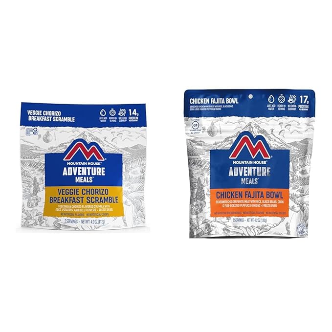 Mountain House 2-Servings Veggie Chorizo Breakfast Scramble & Chicken Fajita Bowl Freeze-Dried Backpacking Food Bundle