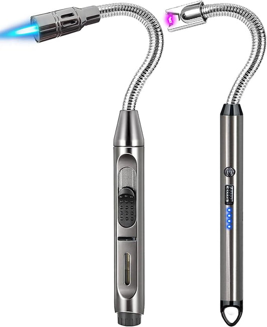 2 Pack Candle Lighter Electric Arc Long Lighter Flex Neck Utility Lighter Butane Torch Lighter Rechargeable USB Lighter Refillable Gas Jet Flame Windproof Lighter for Camping BBQ Grill Gas Stove