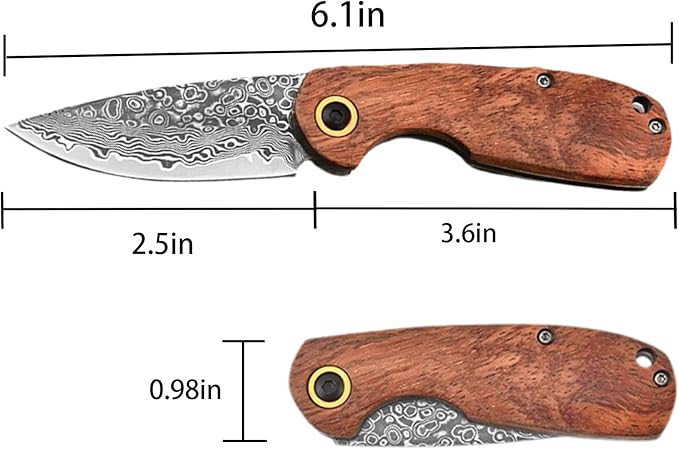 EDC Folding Pocket Knife, Men's and Women's Mini Pocket Knife, 6.1" Damascus Knife, Wood Handle, Sharp Camping Hiking Knife