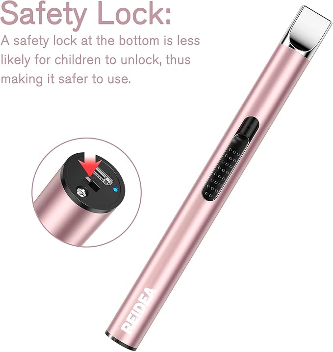 REIDEA Lighter S4 Electronic Candle Lighter USB Rechargeable with Security Lock, Windproof Fast Heat Sinking, Non-Slip Switch Electronic Lighter for Candle, Grill, Camping 2 Pack (Rose Gold + Black)