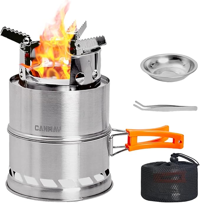 CANWAY Camping Stove, Portable Stainless Steel Wood Burning Survival Stove with Nylon Carry Bag for Outdoor Backpacking Hiking Traveling Picnic BBQ