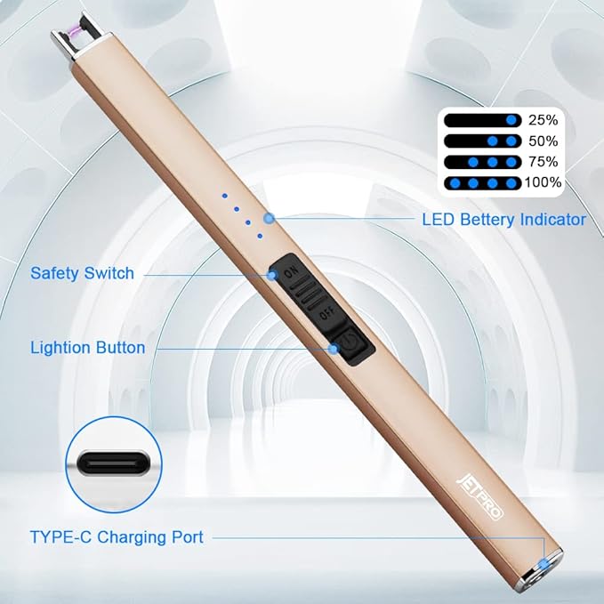 Electric Lighter Arc Windproof Flameless USB Lighter Rechargeable Lighter with Safety Lock for Candle BBQ Camping (Gold)