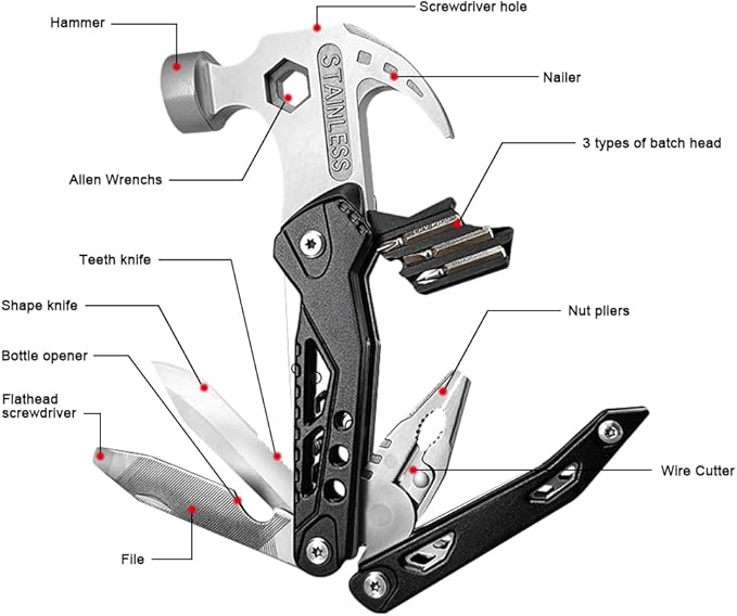Camping Accessories Multitool Hammer, Mini Multi tool Gadgets with DIY Stickers, Safety Lock & Screwdriver Bits Set, Cool Hiking Survival Gear, Multi Tool for Outdoor, Camping