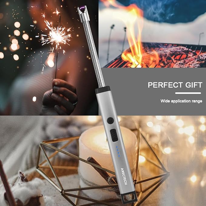 ARECTECH Lighter Candle Lighter Electric Lighter Rechargeable USB Arc Lighters for Candle Camping Fireworks Christmas Birthday Gifts with LED Light for Men Women Silver